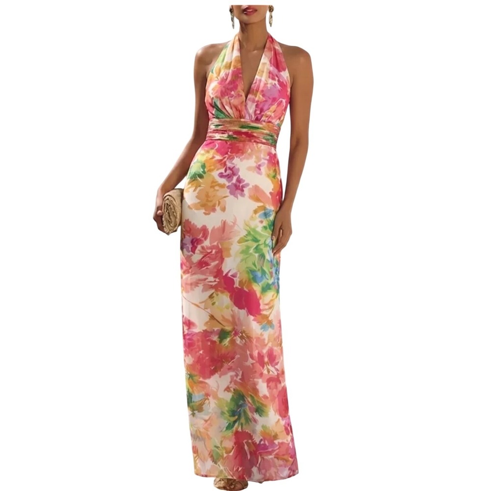 NWT Fehaute Floral Watercolor Chiffon Halter Neck Sheath Maxi Dress Gown US 2